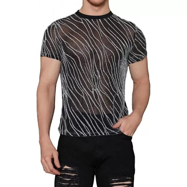 WDIRARA Men's Floral Print See Through Round Neck Short Sleeve Mesh Tshirt Party Top