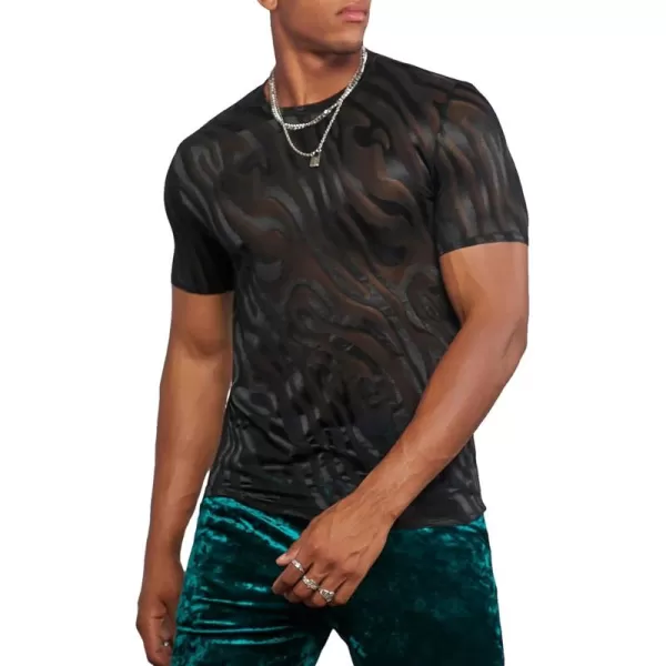 WDIRARA Men's Floral Print See Through Round Neck Short Sleeve Mesh Tshirt Party Top