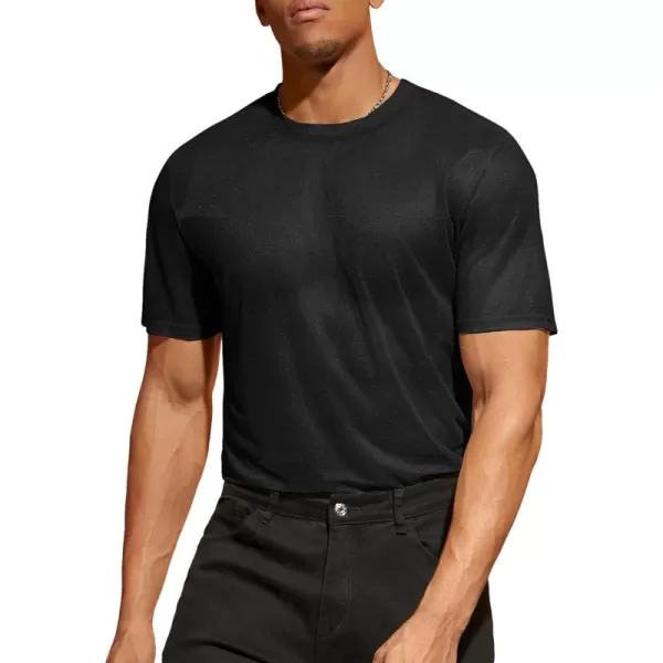 WDIRARA Men's Floral Print See Through Round Neck Short Sleeve Mesh Tshirt Party Top
