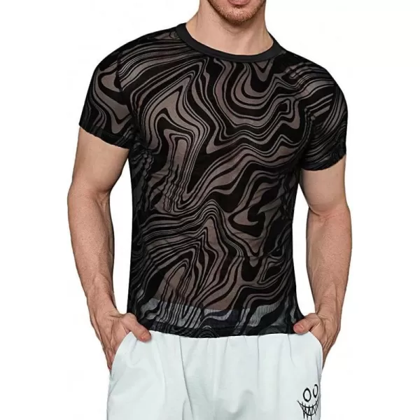 WDIRARA Men's Floral Print See Through Round Neck Short Sleeve Mesh Tshirt Party Top