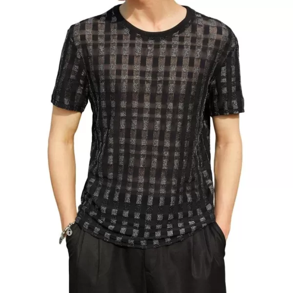 WDIRARA Men's Floral Print See Through Round Neck Short Sleeve Mesh Tshirt Party Top