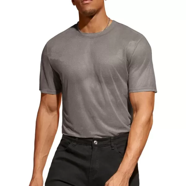 WDIRARA Men's Floral Print See Through Round Neck Short Sleeve Mesh Tshirt Party Top