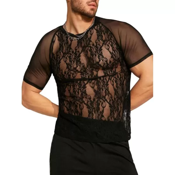 WDIRARA Men's Floral Print See Through Round Neck Short Sleeve Mesh Tshirt Party Top