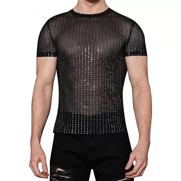 WDIRARA Men's Floral Print See Through Round Neck Short Sleeve Mesh Tshirt Party Top
