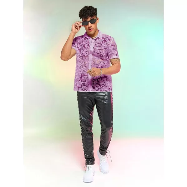 WDIRARA Men's Summer Sheer Lace Shirt Floral Pattern Pocket Button Front Short Sleeve Party Club Shirts