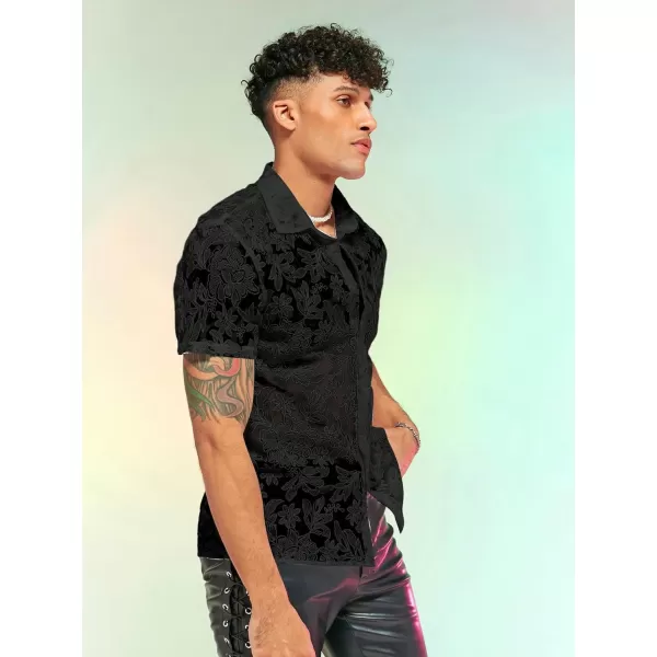 WDIRARA Men's Summer Sheer Lace Shirt Floral Pattern Pocket Button Front Short Sleeve Party Club Shirts
