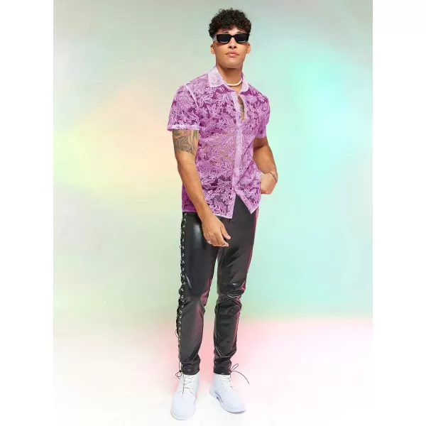 WDIRARA Men's Summer Sheer Lace Shirt Floral Pattern Pocket Button Front Short Sleeve Party Club Shirts