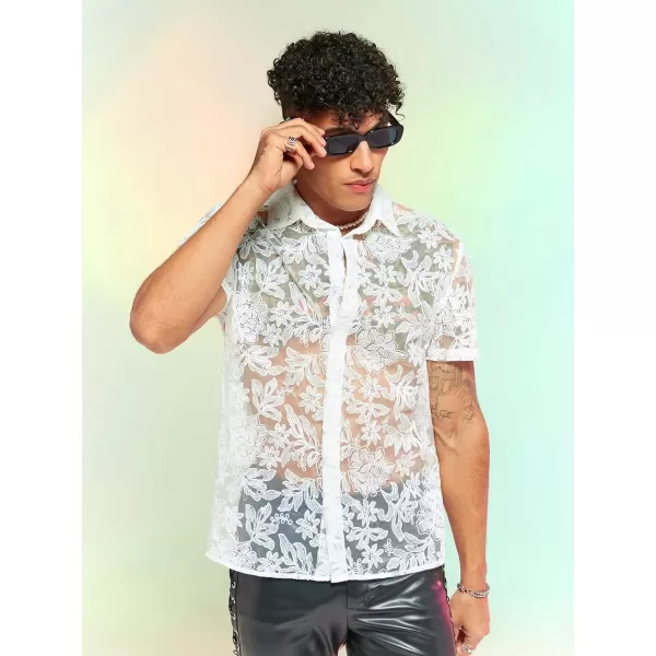 WDIRARA Men's Summer Sheer Lace Shirt Floral Pattern Pocket Button Front Short Sleeve Party Club Shirts