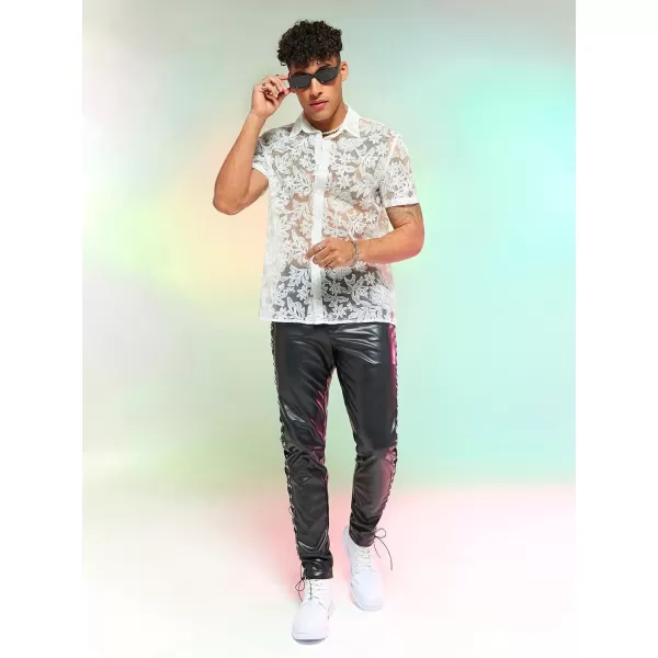 WDIRARA Men's Summer Sheer Lace Shirt Floral Pattern Pocket Button Front Short Sleeve Party Club Shirts