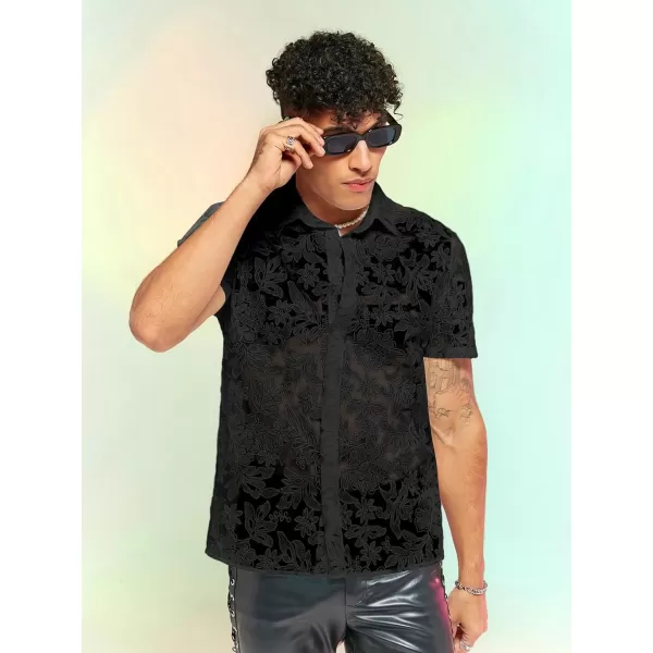 WDIRARA Men's Summer Sheer Lace Shirt Floral Pattern Pocket Button Front Short Sleeve Party Club Shirts