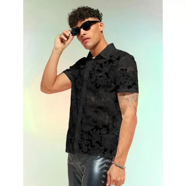 WDIRARA Men's Summer Sheer Lace Shirt Floral Pattern Pocket Button Front Short Sleeve Party Club Shirts