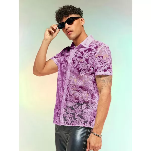 WDIRARA Men's Summer Sheer Lace Shirt Floral Pattern Pocket Button Front Short Sleeve Party Club Shirts