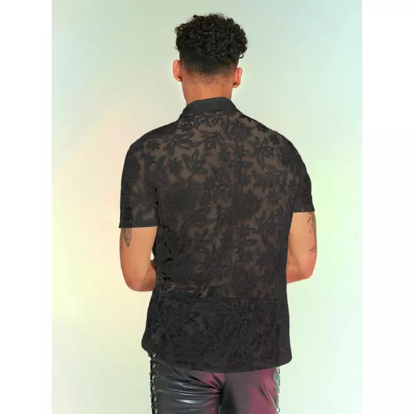 WDIRARA Men's Summer Sheer Lace Shirt Floral Pattern Pocket Button Front Short Sleeve Party Club Shirts