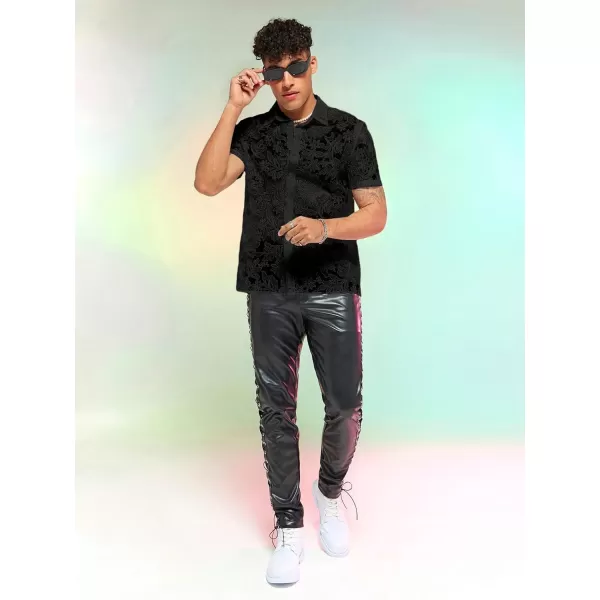 WDIRARA Men's Summer Sheer Lace Shirt Floral Pattern Pocket Button Front Short Sleeve Party Club Shirts