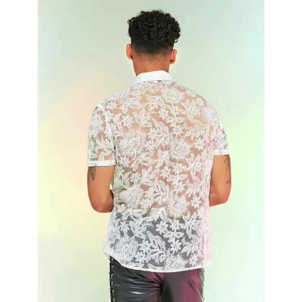 WDIRARA Men's Summer Sheer Lace Shirt Floral Pattern Pocket Button Front Short Sleeve Party Club Shirts