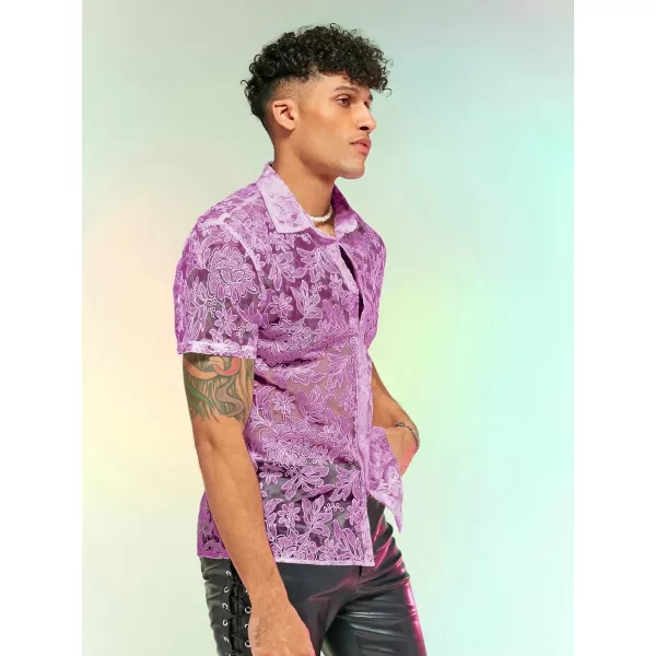 WDIRARA Men's Summer Sheer Lace Shirt Floral Pattern Pocket Button Front Short Sleeve Party Club Shirts