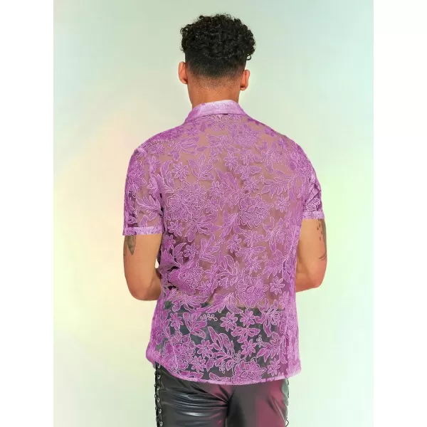 WDIRARA Men's Summer Sheer Lace Shirt Floral Pattern Pocket Button Front Short Sleeve Party Club Shirts