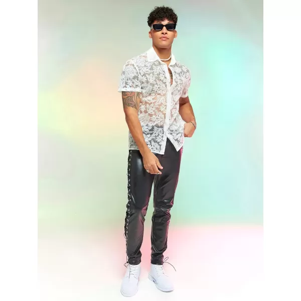 WDIRARA Men's Summer Sheer Lace Shirt Floral Pattern Pocket Button Front Short Sleeve Party Club Shirts