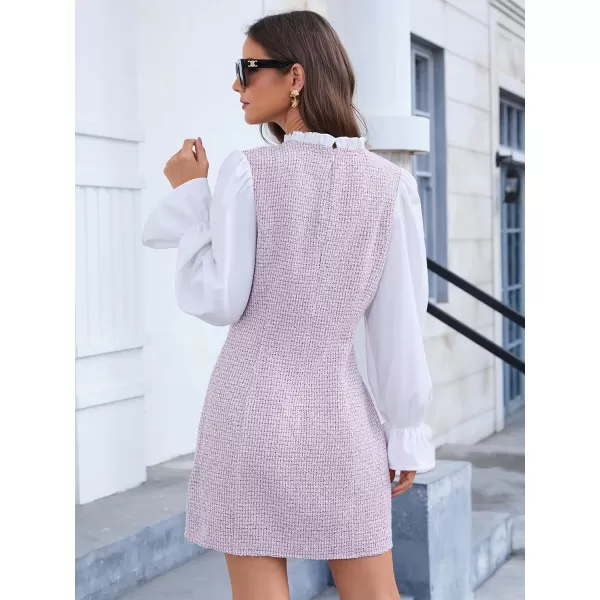 WDIRARA Women's Colorblock Plaid Stand Collar Flounce Sleeve Frill Trim Tweed A Line Mini Dress