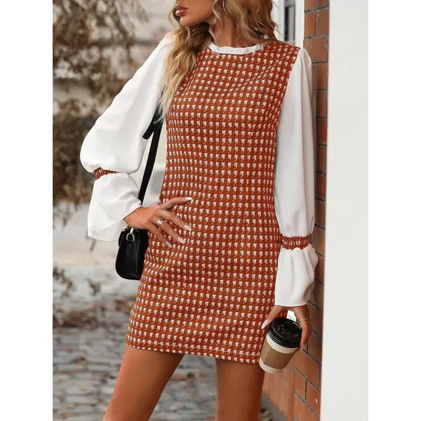 WDIRARA Women's Colorblock Plaid Stand Collar Flounce Sleeve Frill Trim Tweed A Line Mini Dress