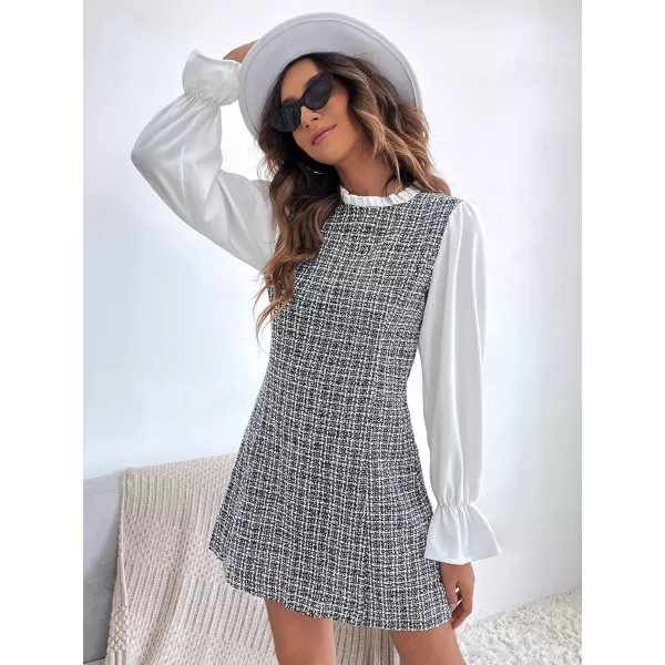 WDIRARA Women's Colorblock Plaid Stand Collar Flounce Sleeve Frill Trim Tweed A Line Mini Dress