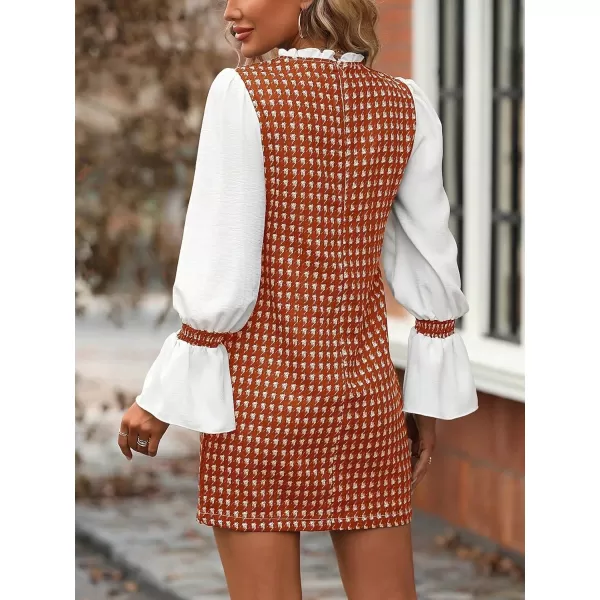 WDIRARA Women's Colorblock Plaid Stand Collar Flounce Sleeve Frill Trim Tweed A Line Mini Dress