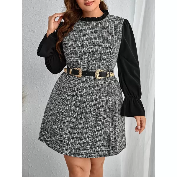 WDIRARA Women's Colorblock Plaid Stand Collar Flounce Sleeve Frill Trim Tweed A Line Mini Dress