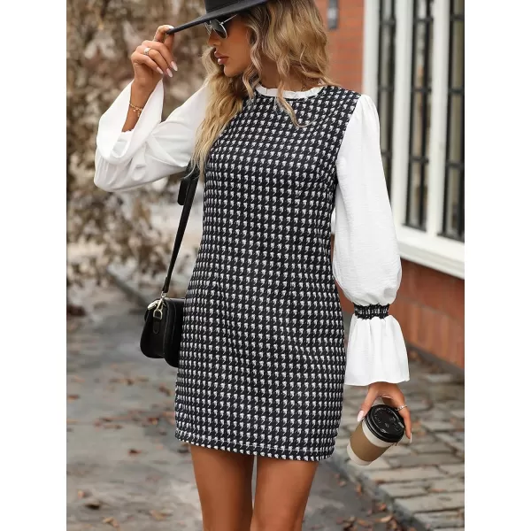 WDIRARA Women's Colorblock Plaid Stand Collar Flounce Sleeve Frill Trim Tweed A Line Mini Dress