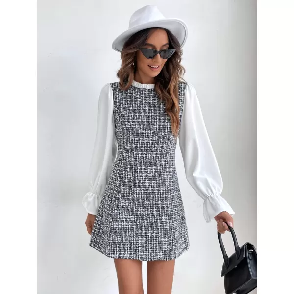 WDIRARA Women's Colorblock Plaid Stand Collar Flounce Sleeve Frill Trim Tweed A Line Mini Dress