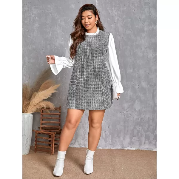 WDIRARA Women's Colorblock Plaid Stand Collar Flounce Sleeve Frill Trim Tweed A Line Mini Dress