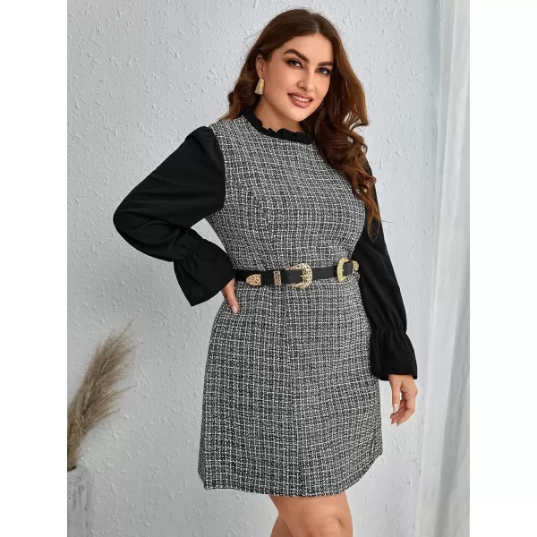 WDIRARA Women's Colorblock Plaid Stand Collar Flounce Sleeve Frill Trim Tweed A Line Mini Dress