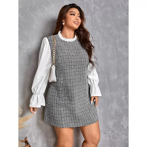 WDIRARA Women's Colorblock Plaid Stand Collar Flounce Sleeve Frill Trim Tweed A Line Mini Dress