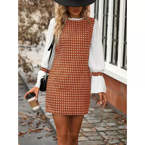 WDIRARA Women's Colorblock Plaid Stand Collar Flounce Sleeve Frill Trim Tweed A Line Mini Dress