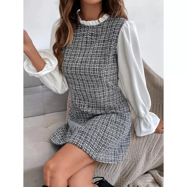 WDIRARA Women's Colorblock Plaid Stand Collar Flounce Sleeve Frill Trim Tweed A Line Mini Dress