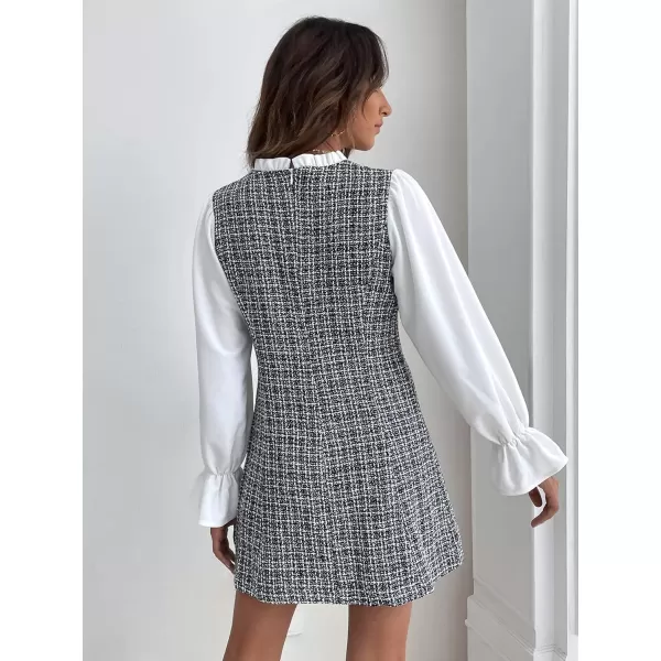 WDIRARA Women's Colorblock Plaid Stand Collar Flounce Sleeve Frill Trim Tweed A Line Mini Dress