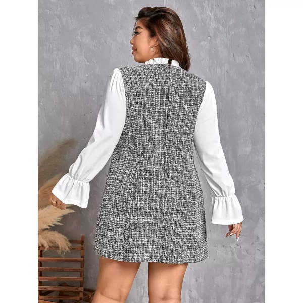 WDIRARA Women's Colorblock Plaid Stand Collar Flounce Sleeve Frill Trim Tweed A Line Mini Dress