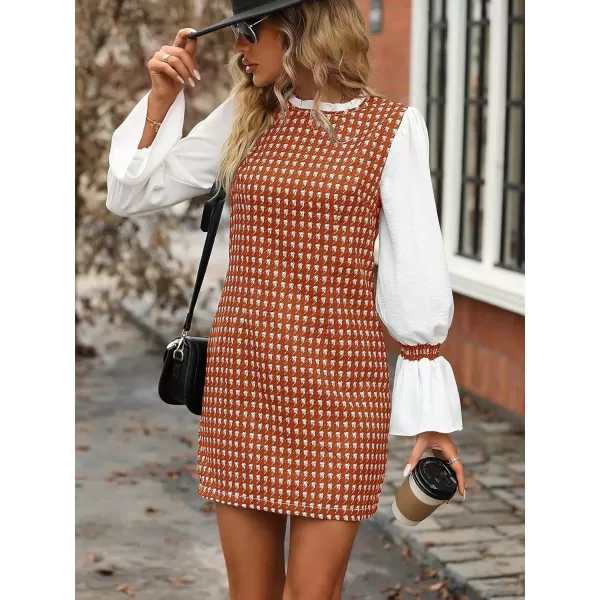 WDIRARA Women's Colorblock Plaid Stand Collar Flounce Sleeve Frill Trim Tweed A Line Mini Dress