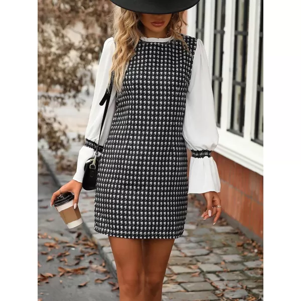 WDIRARA Women's Colorblock Plaid Stand Collar Flounce Sleeve Frill Trim Tweed A Line Mini Dress