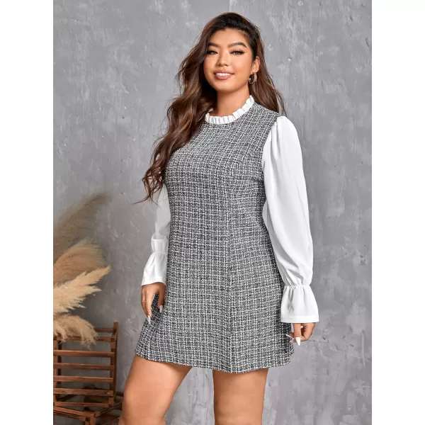 WDIRARA Women's Colorblock Plaid Stand Collar Flounce Sleeve Frill Trim Tweed A Line Mini Dress