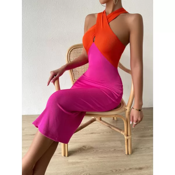 WDIRARA Women's Deep V Neck Cut Out Split Side Backless Midi Bodycon Halter Dress