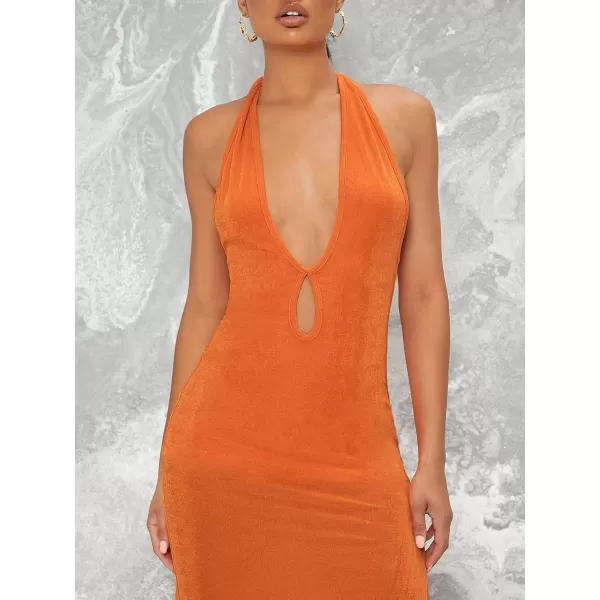 WDIRARA Women's Deep V Neck Cut Out Split Side Backless Midi Bodycon Halter Dress