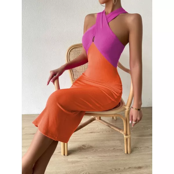 WDIRARA Women's Deep V Neck Cut Out Split Side Backless Midi Bodycon Halter Dress