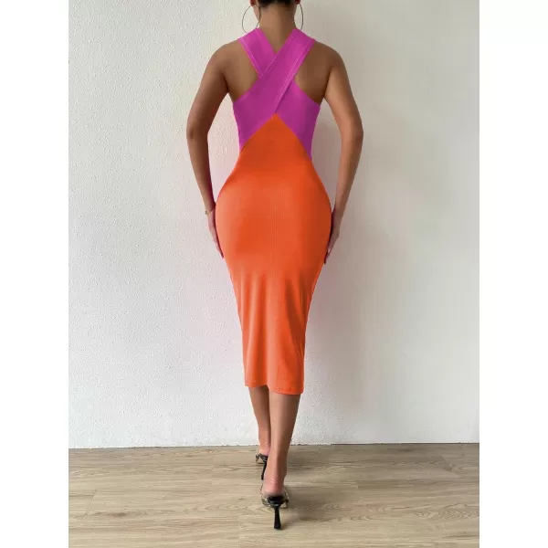 WDIRARA Women's Deep V Neck Cut Out Split Side Backless Midi Bodycon Halter Dress
