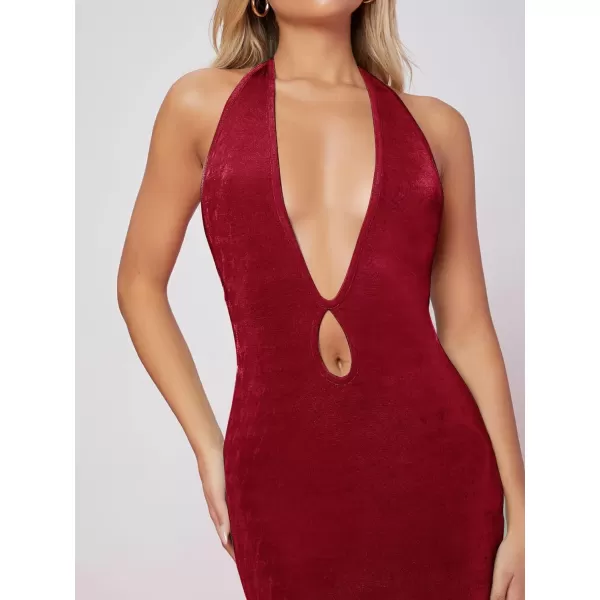 WDIRARA Women's Deep V Neck Cut Out Split Side Backless Midi Bodycon Halter Dress