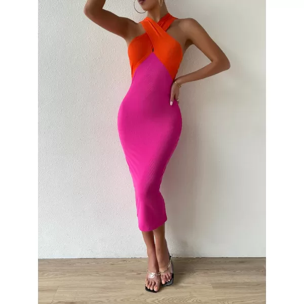 WDIRARA Women's Deep V Neck Cut Out Split Side Backless Midi Bodycon Halter Dress