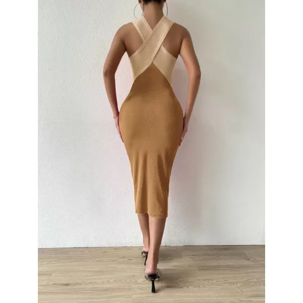 WDIRARA Women's Deep V Neck Cut Out Split Side Backless Midi Bodycon Halter Dress