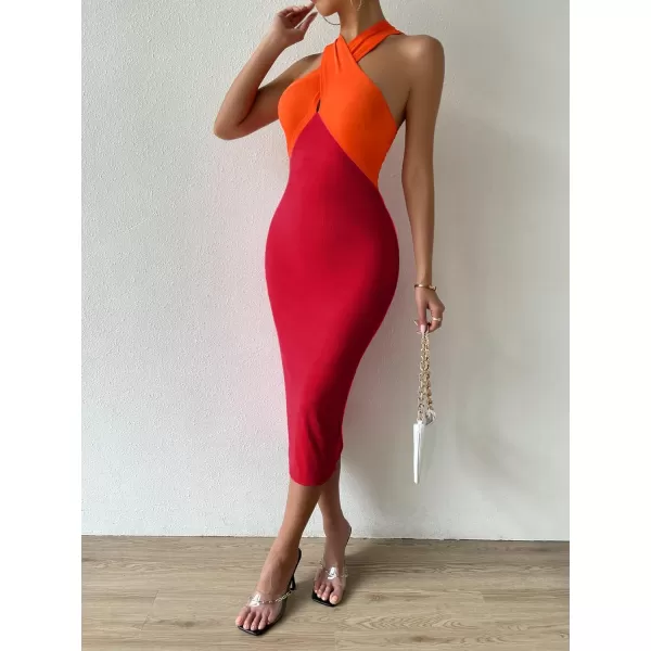 WDIRARA Women's Deep V Neck Cut Out Split Side Backless Midi Bodycon Halter Dress