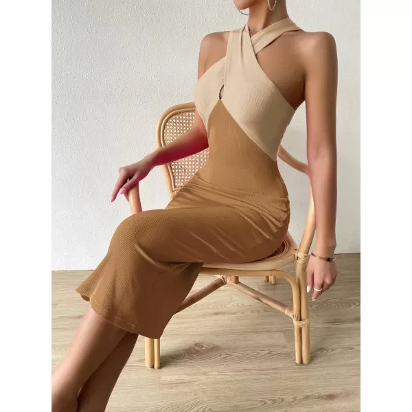 WDIRARA Women's Deep V Neck Cut Out Split Side Backless Midi Bodycon Halter Dress