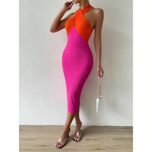WDIRARA Women's Deep V Neck Cut Out Split Side Backless Midi Bodycon Halter Dress