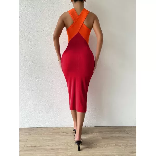 WDIRARA Women's Deep V Neck Cut Out Split Side Backless Midi Bodycon Halter Dress